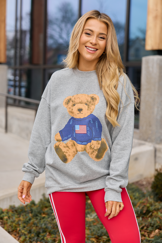 Vintage Teddy Bear Flag Light Grey Graphic Sweatshirt