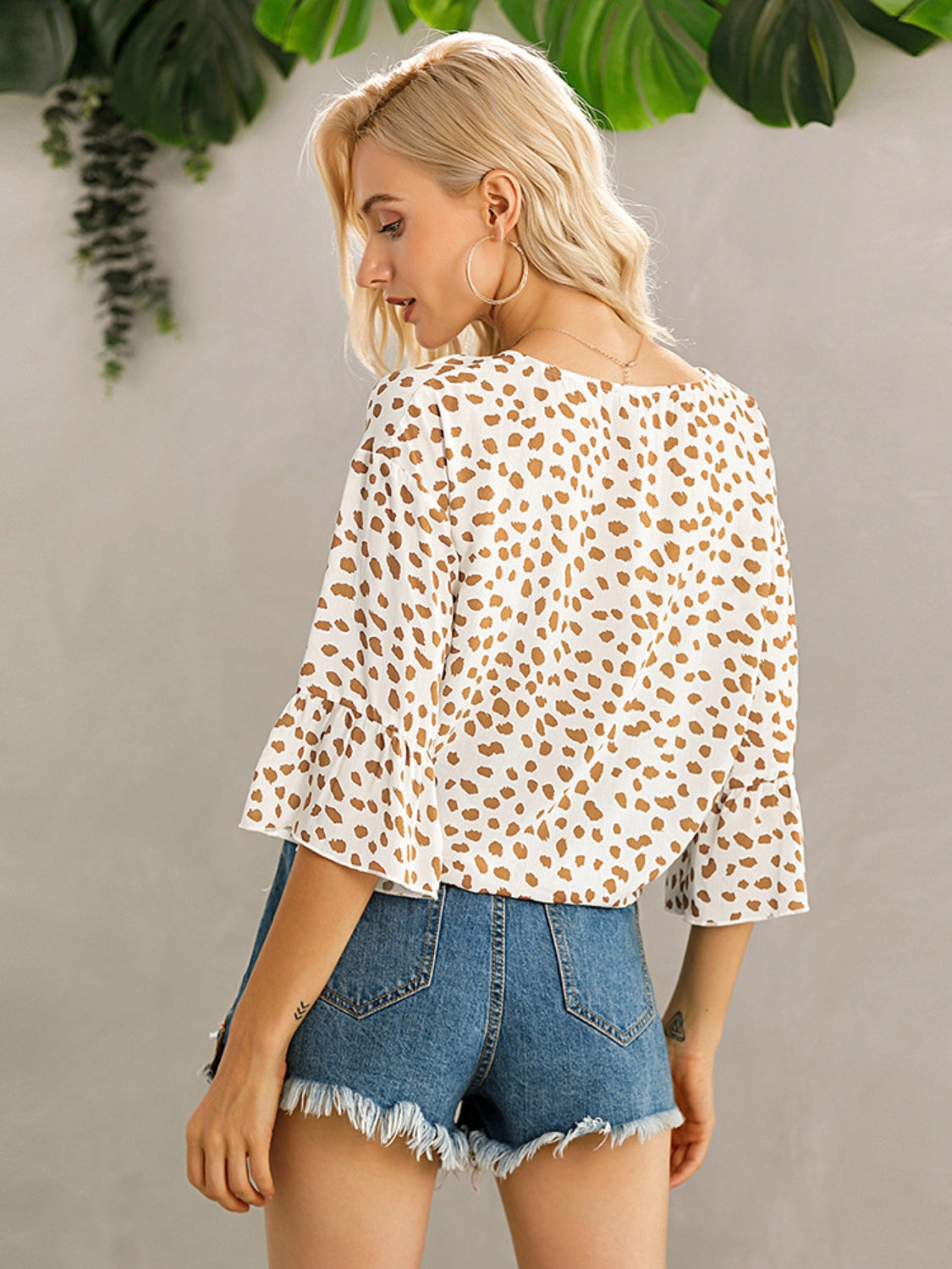 Ivy Lane Tied Printed Button Up V-Neck Blouse