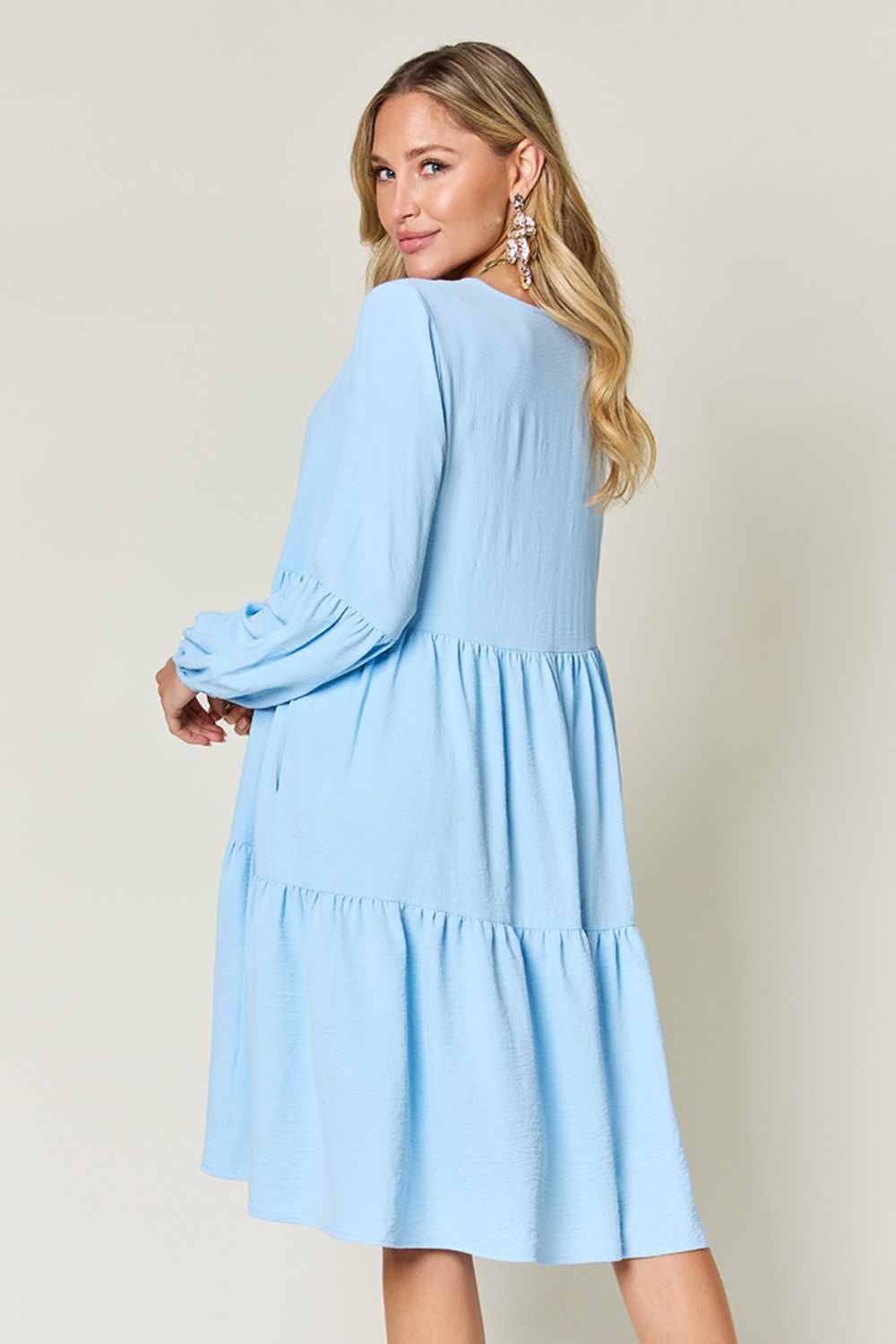 Double Take Full Size V-Neck Balloon Sleeve Tiered Dress with Pockets