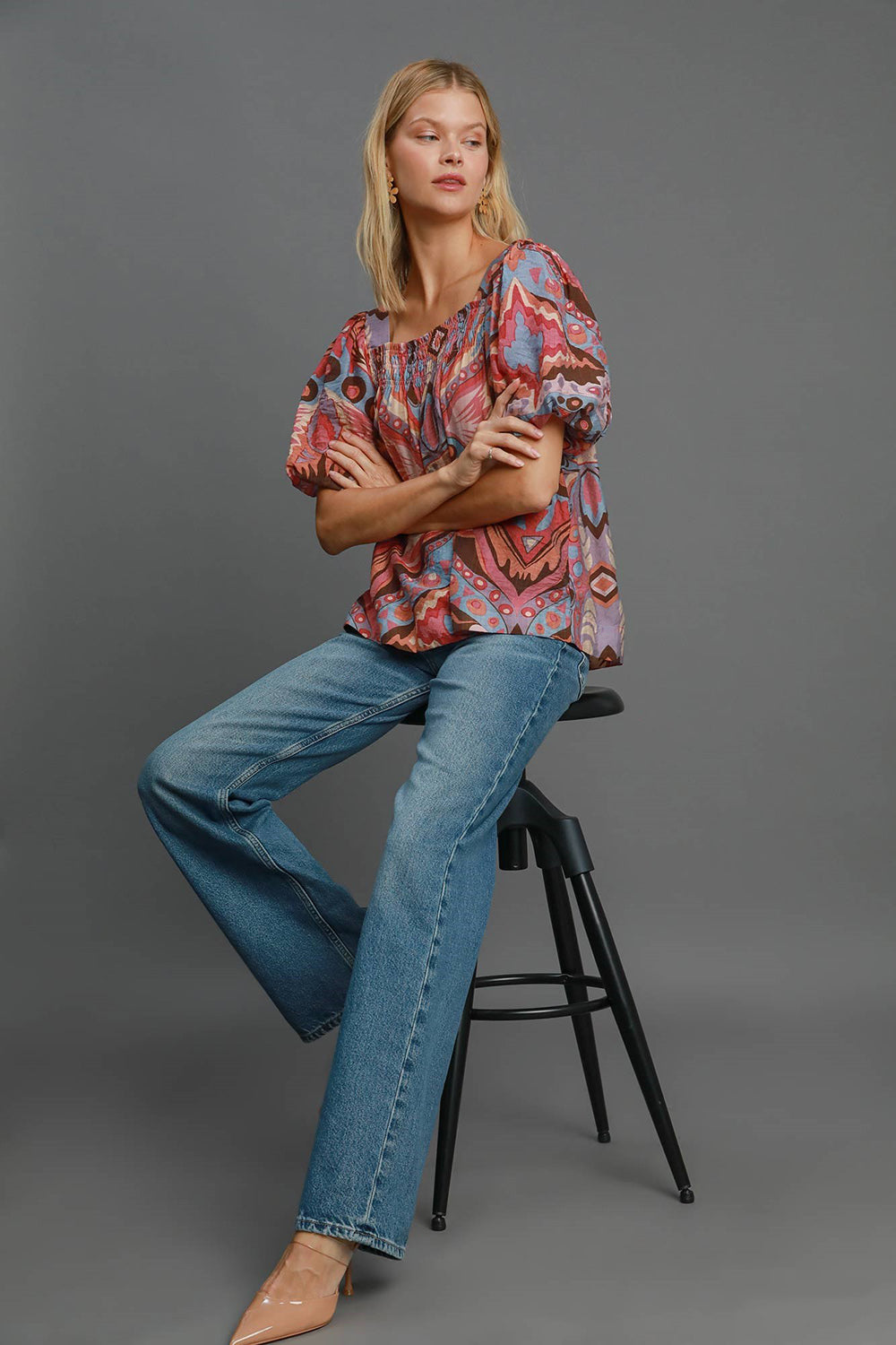 Umgee Abstract Print Smocked Square Neck Puff Sleeve Blouse
