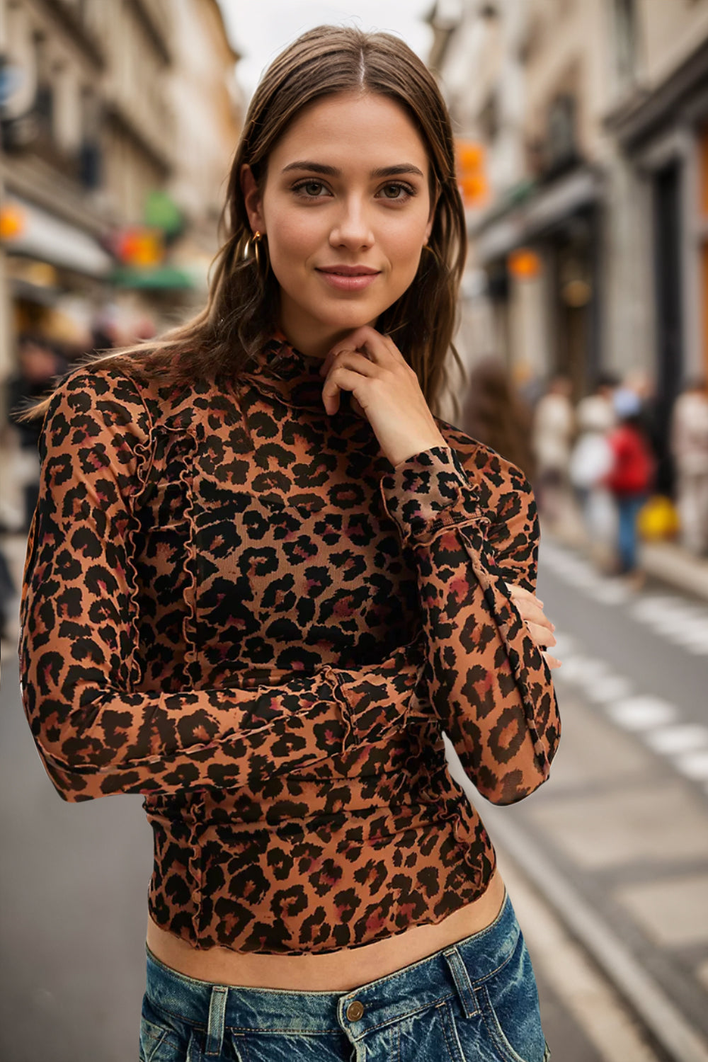 Oh Frill Printed Mock Neck Long Sleeve Top