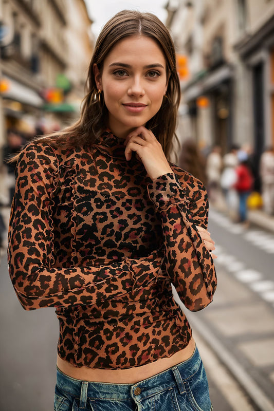 Oh Frill Printed Mock Neck Long Sleeve Top