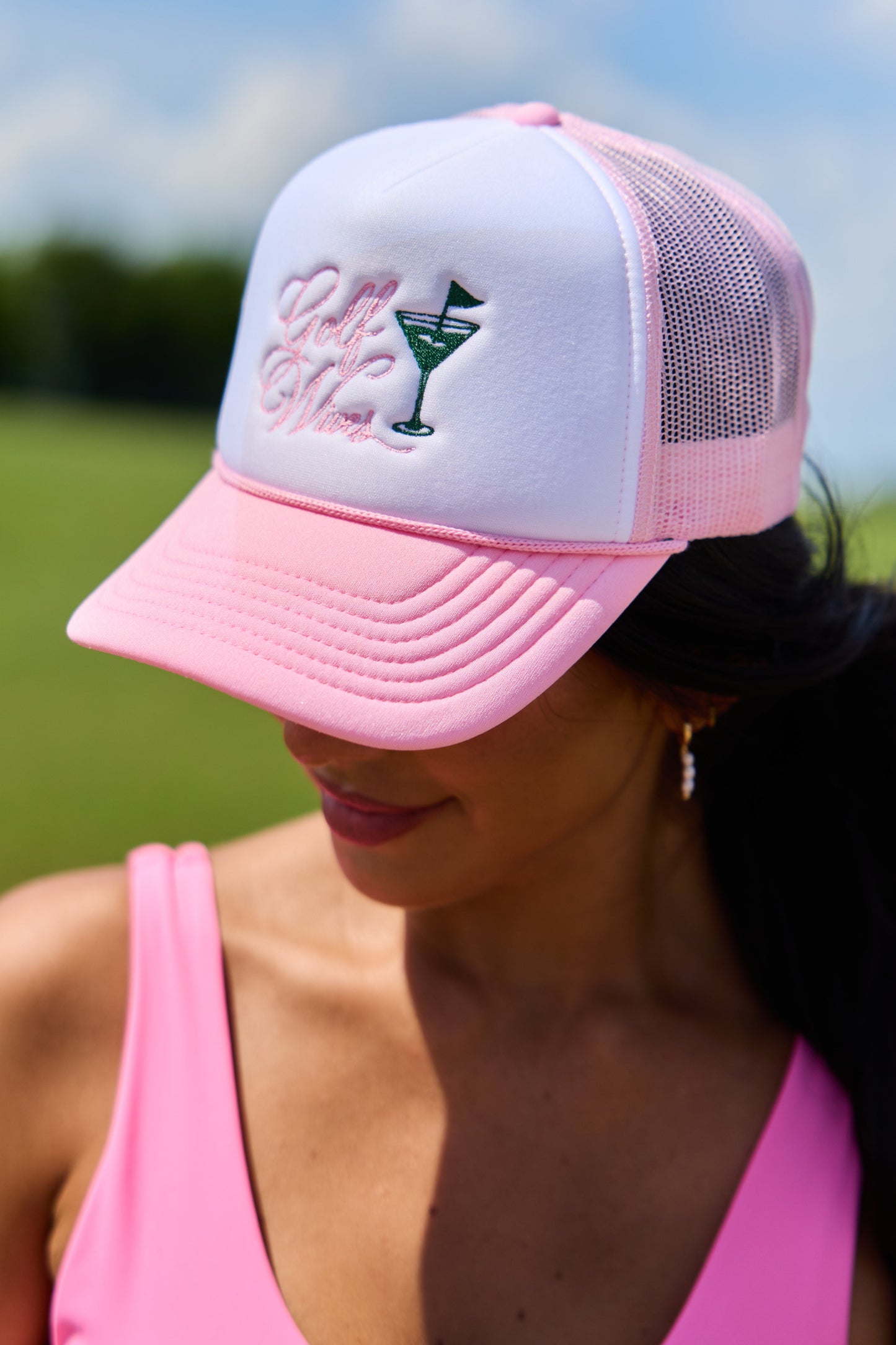 Golf Wives White/Pink Embroidered Trucker Hat