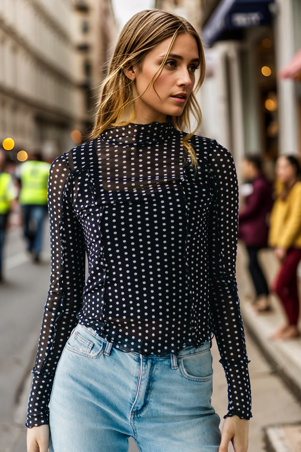 Oh Frill Printed Mock Neck Long Sleeve Top