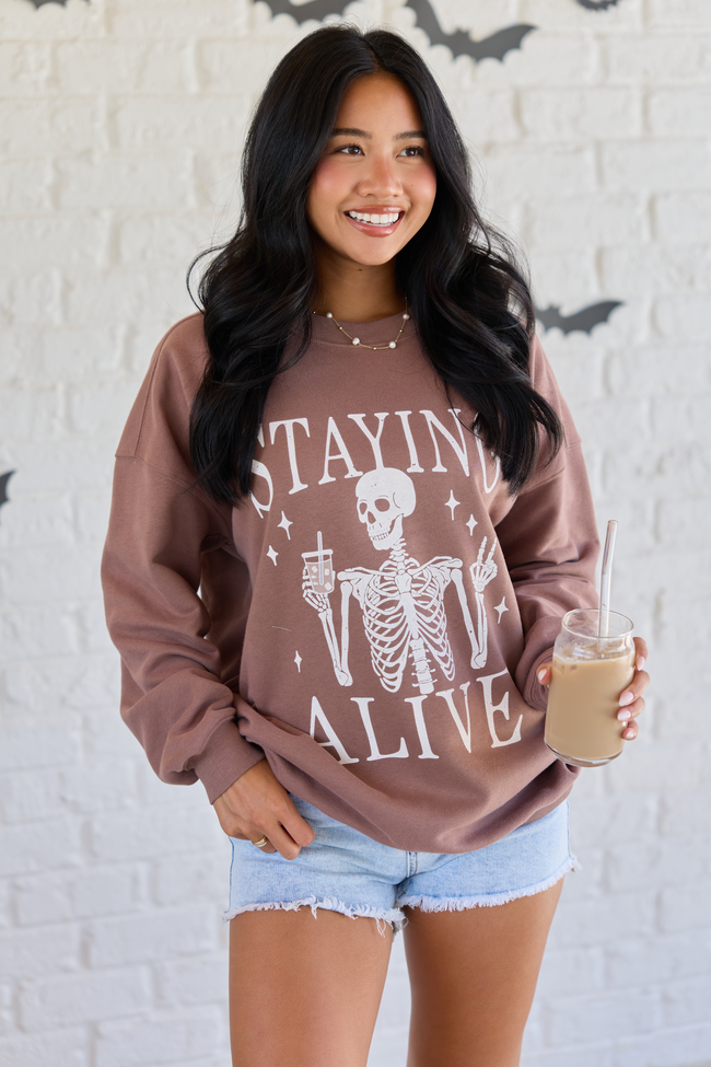 Staying Alive Mocha Graphic Sweatshirt