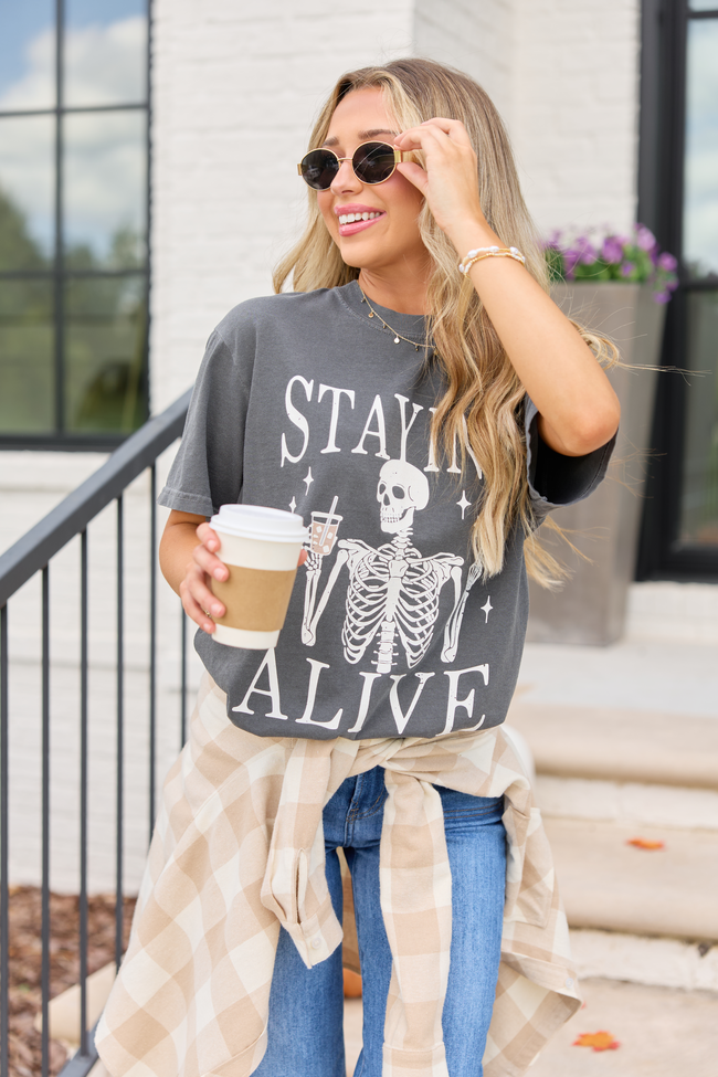 Staying Alive Dark Grey Graphic Tee