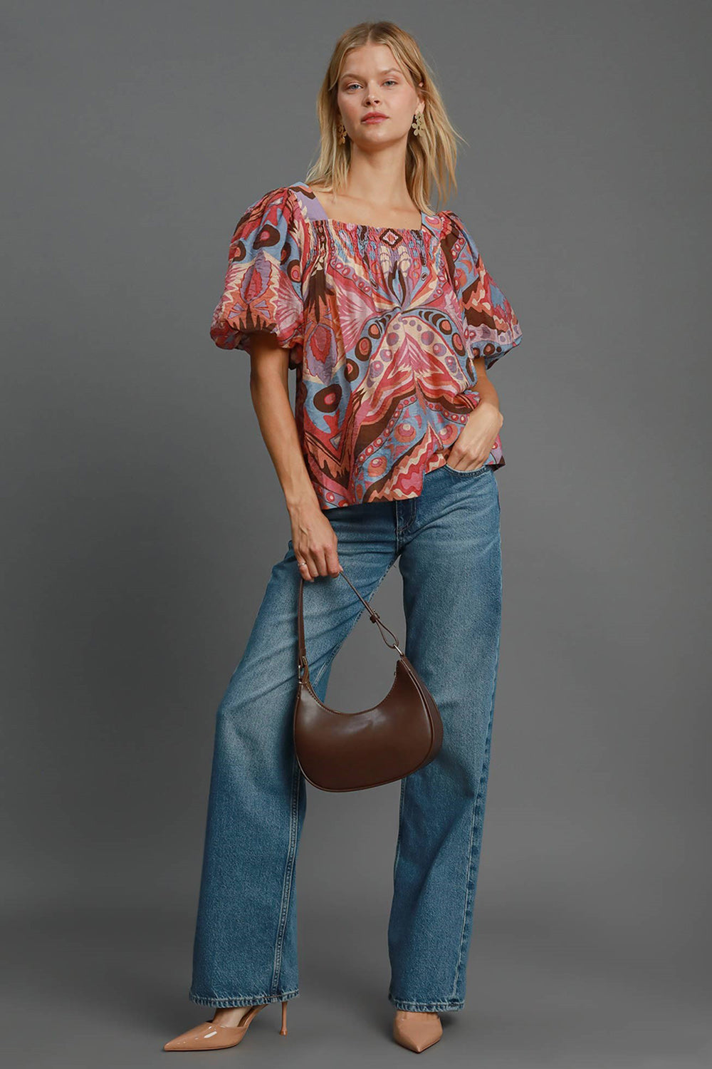 Umgee Abstract Print Smocked Square Neck Puff Sleeve Blouse