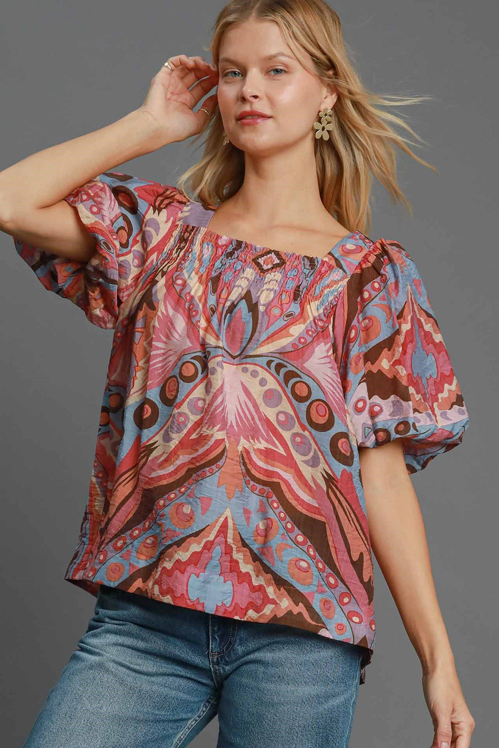Umgee Abstract Print Smocked Square Neck Puff Sleeve Blouse