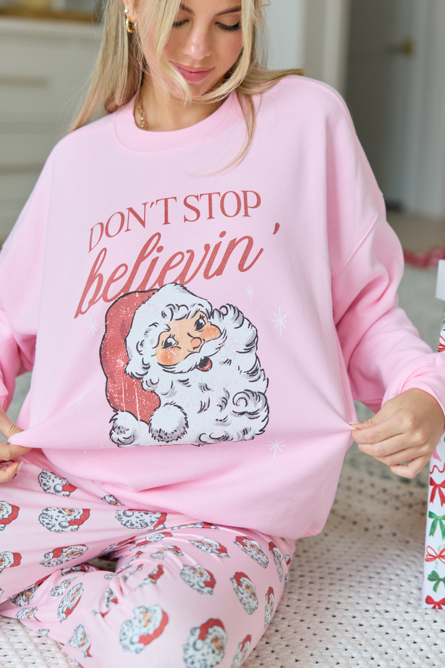 Don't Stop Believin' Light Pink Oversized Graphic Sweatshirt