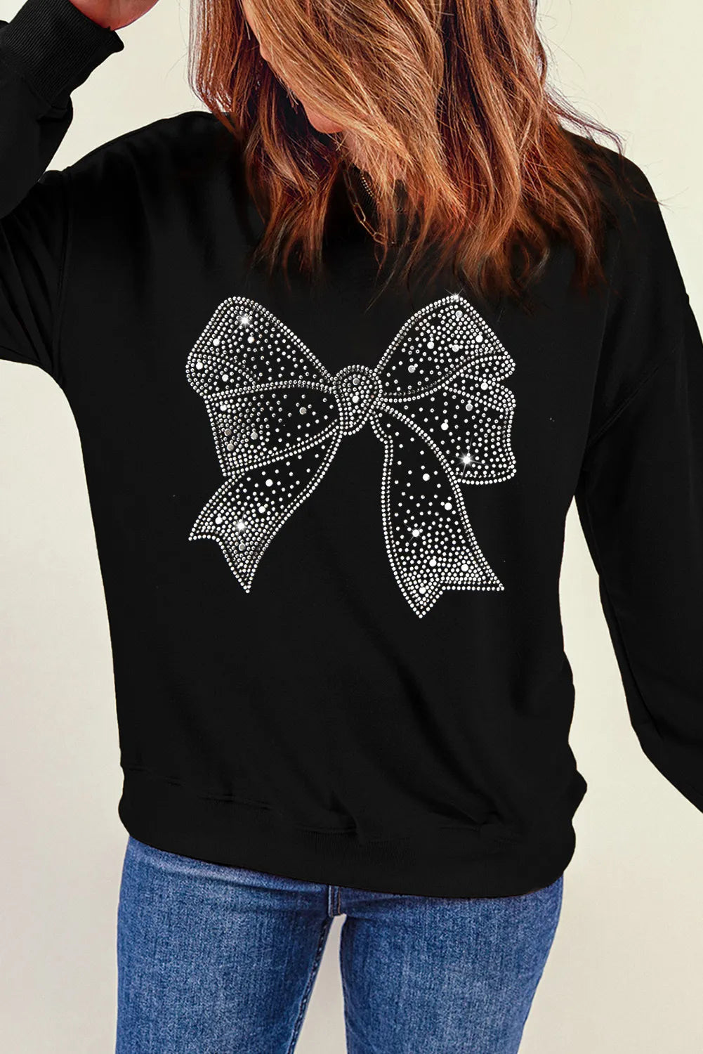 Rhinestone Bow Round Neck Long Sleeve Sweatshirt