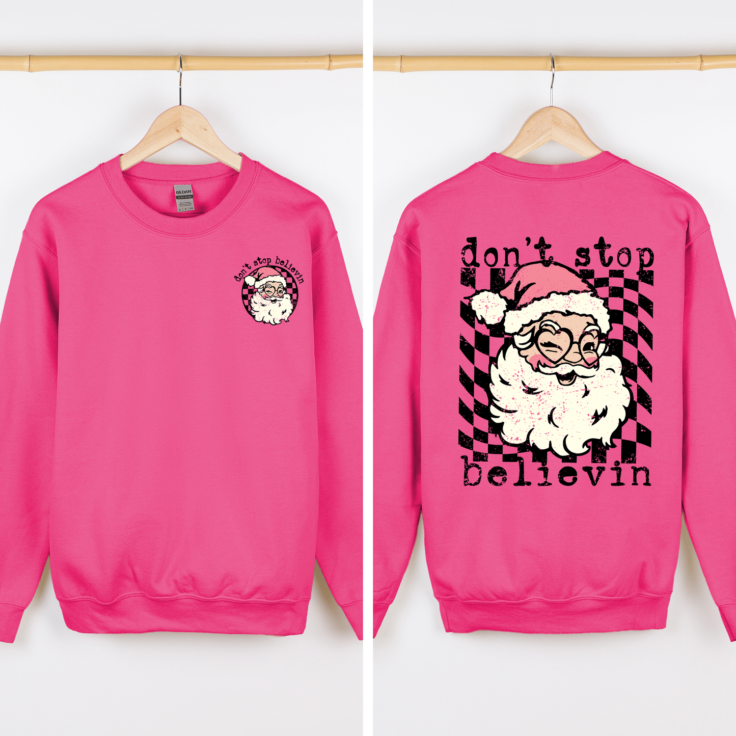 Don't Stop Believin Santa Christmas Checkered Vintage Front And Back Print Sweatshirt