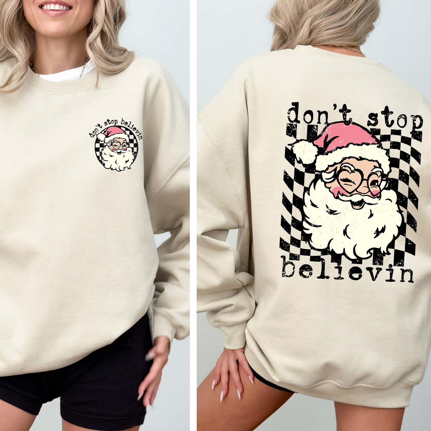 Don't Stop Believin Santa Christmas Checkered Vintage Front And Back Print Sweatshirt