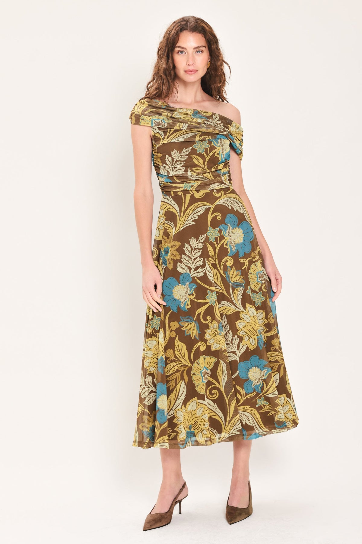 TEAL TEMPTATION BROWN/TEAL DRAPED ONE-SHOULDER MESH MIDI DRESS
