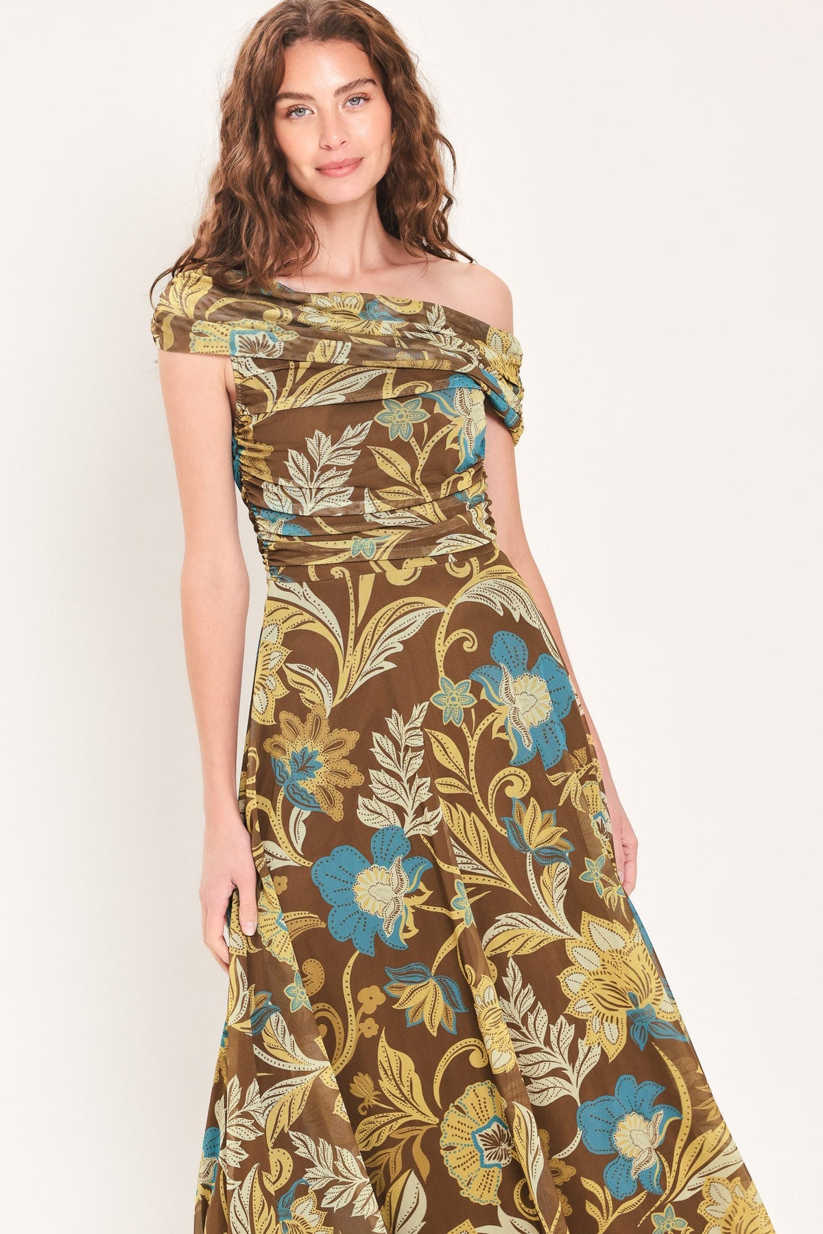 TEAL TEMPTATION BROWN/TEAL DRAPED ONE-SHOULDER MESH MIDI DRESS
