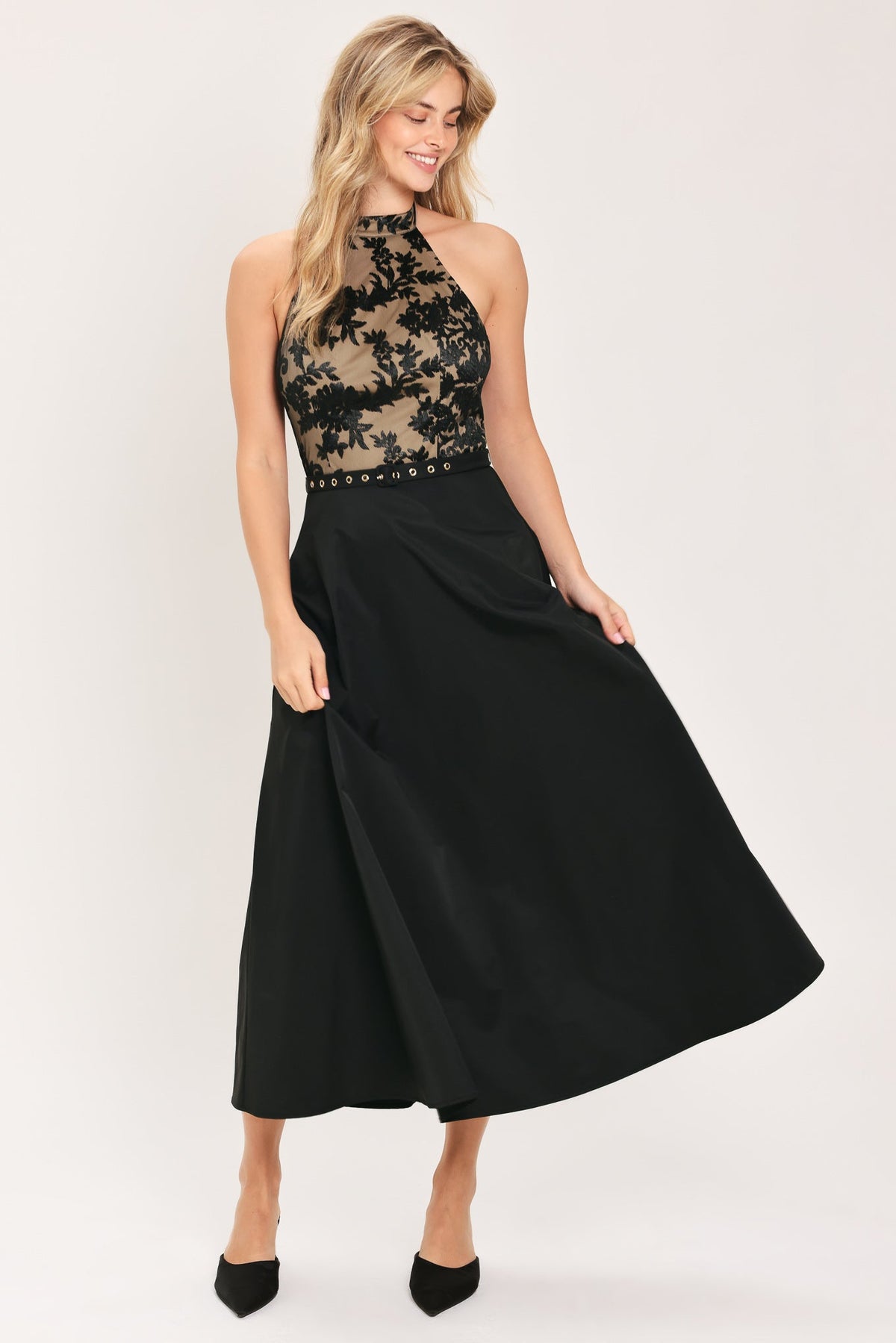 MIDNIGHT LACE BLACK HALTER LACE-BODICE MIDI DRESS