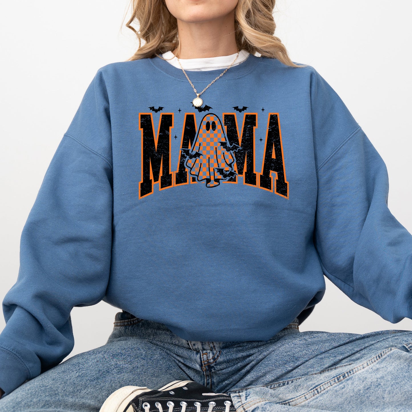 Halloween Mama Ghost Checkered Leopard Pumpkin Vintage Retro Spooky Pattern Graphic Sweatshirt