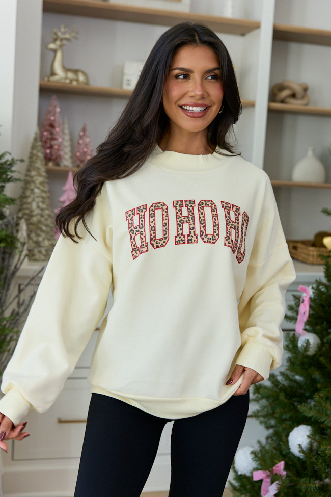 Ho Ho Ho Cheetah Pale Yellow Graphic Mock Neck Sweatshirt