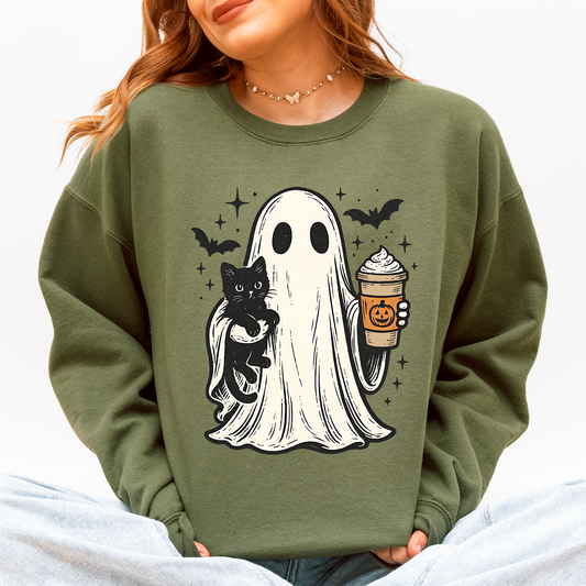 Pumpkin Spice Latte Ghost Witch Halloween Cat Bats Leopard Patchwork Autumn Sweatshirt