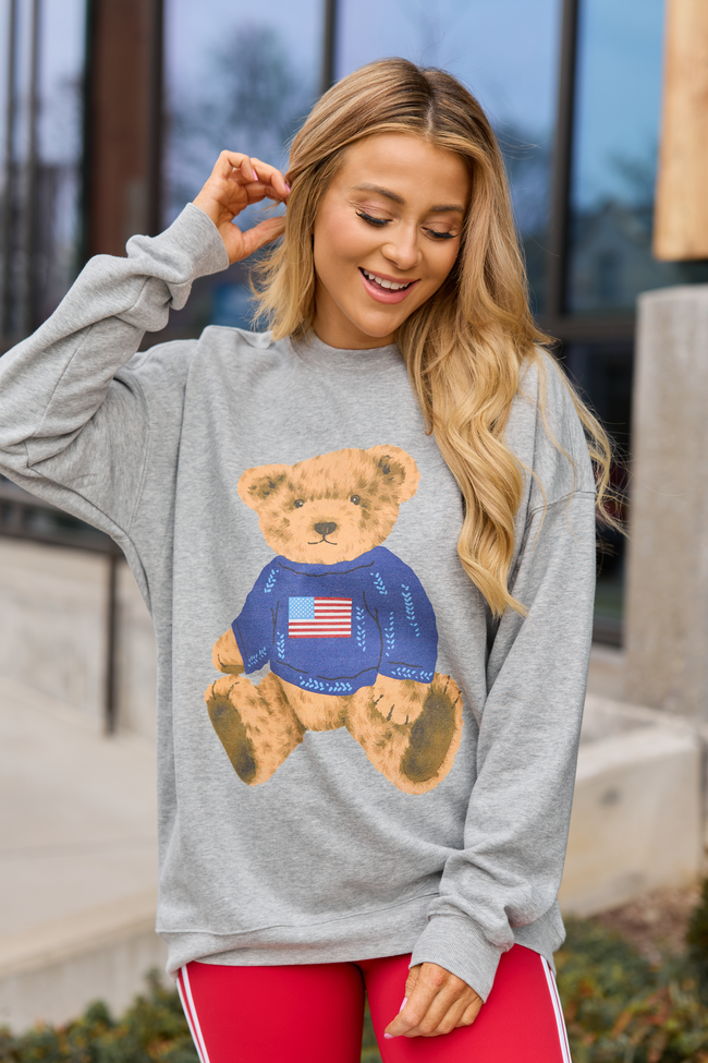 Vintage Teddy Bear Flag Light Grey Graphic Sweatshirt