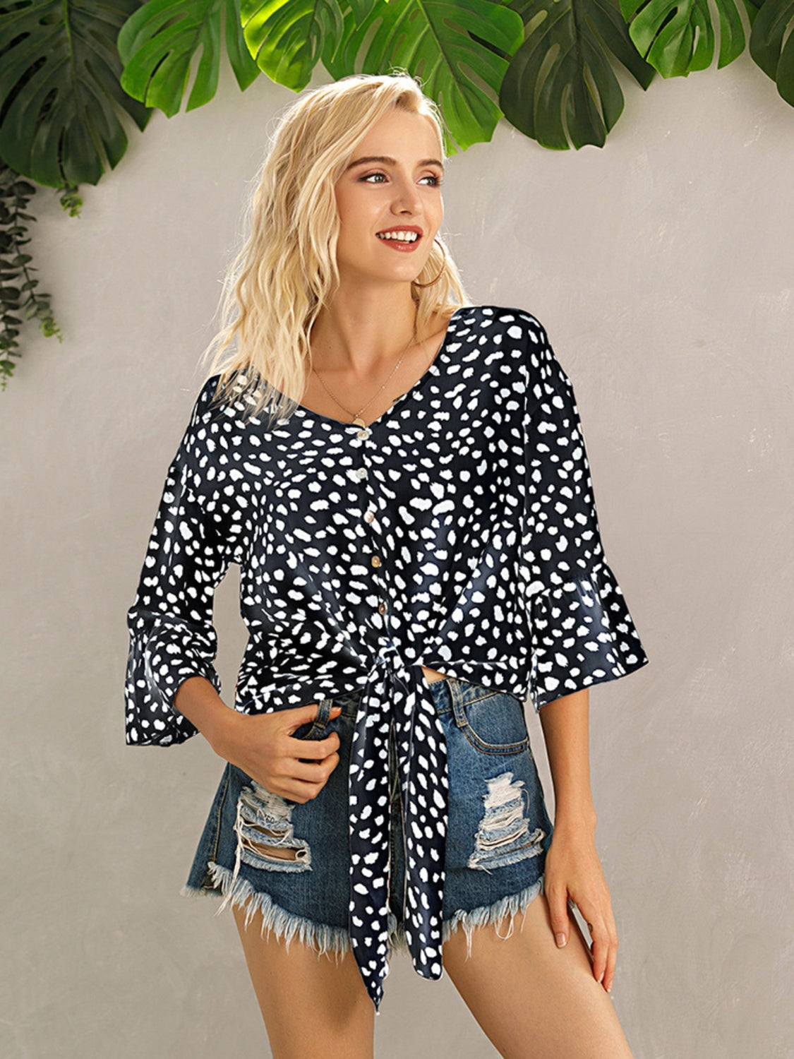 Ivy Lane Tied Printed Button Up V-Neck Blouse