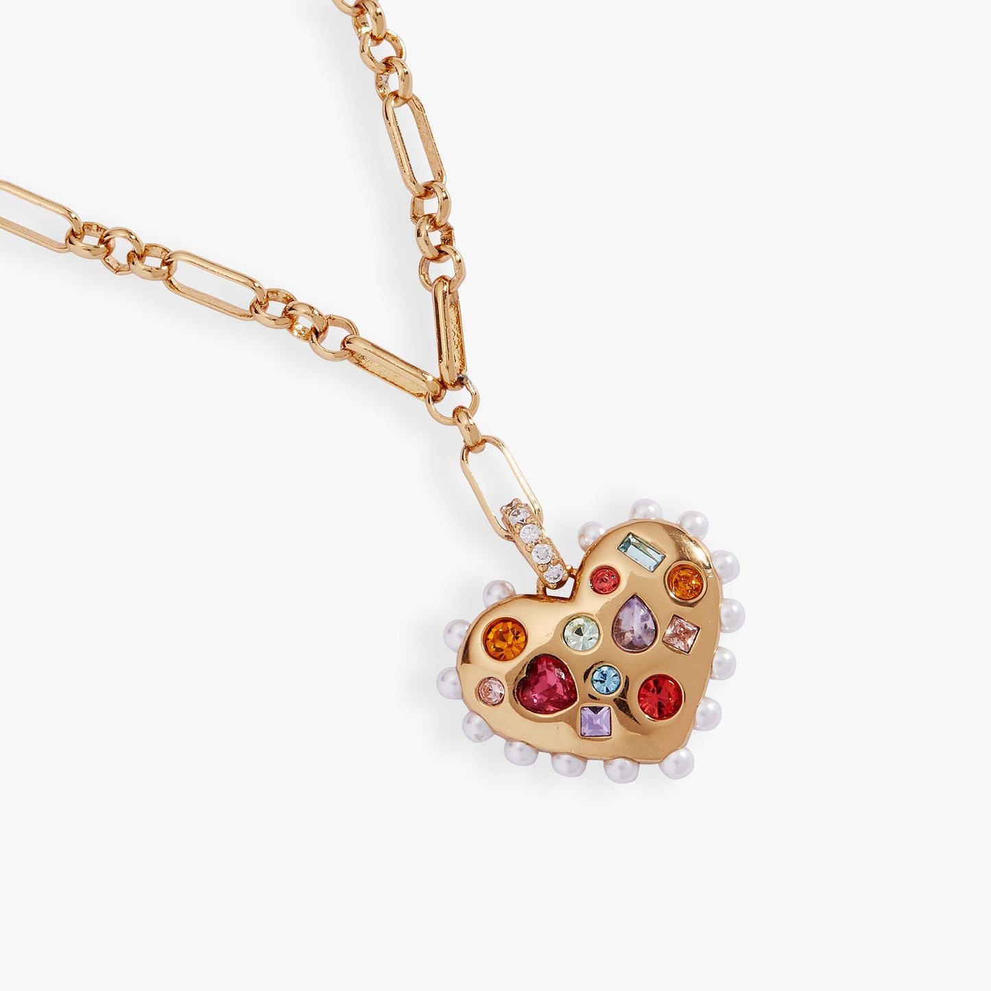 Puffy Heart Gemstone And Pearl Pendant Necklace