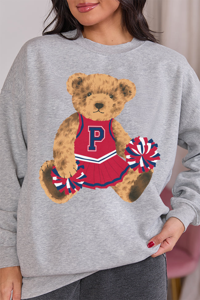 Vintage Blue and Red Cheer Teddy Bear Light Grey Graphic Sweatshirt