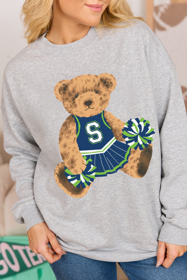 Vintage Green and Blue Cheer Teddy Bear Light Grey Graphic Sweatshirt
