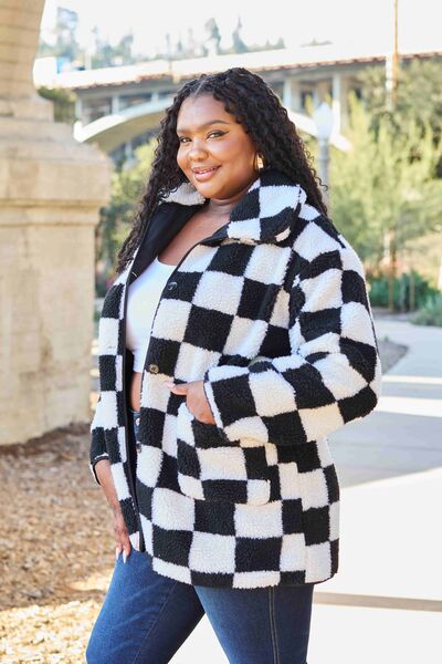 Double Take Checkered Button Front Coat with Pockets