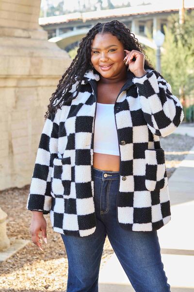 Double Take Checkered Button Front Coat with Pockets