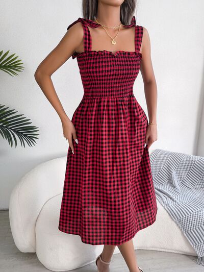 Frill Plaid Square Neck Midi Dress