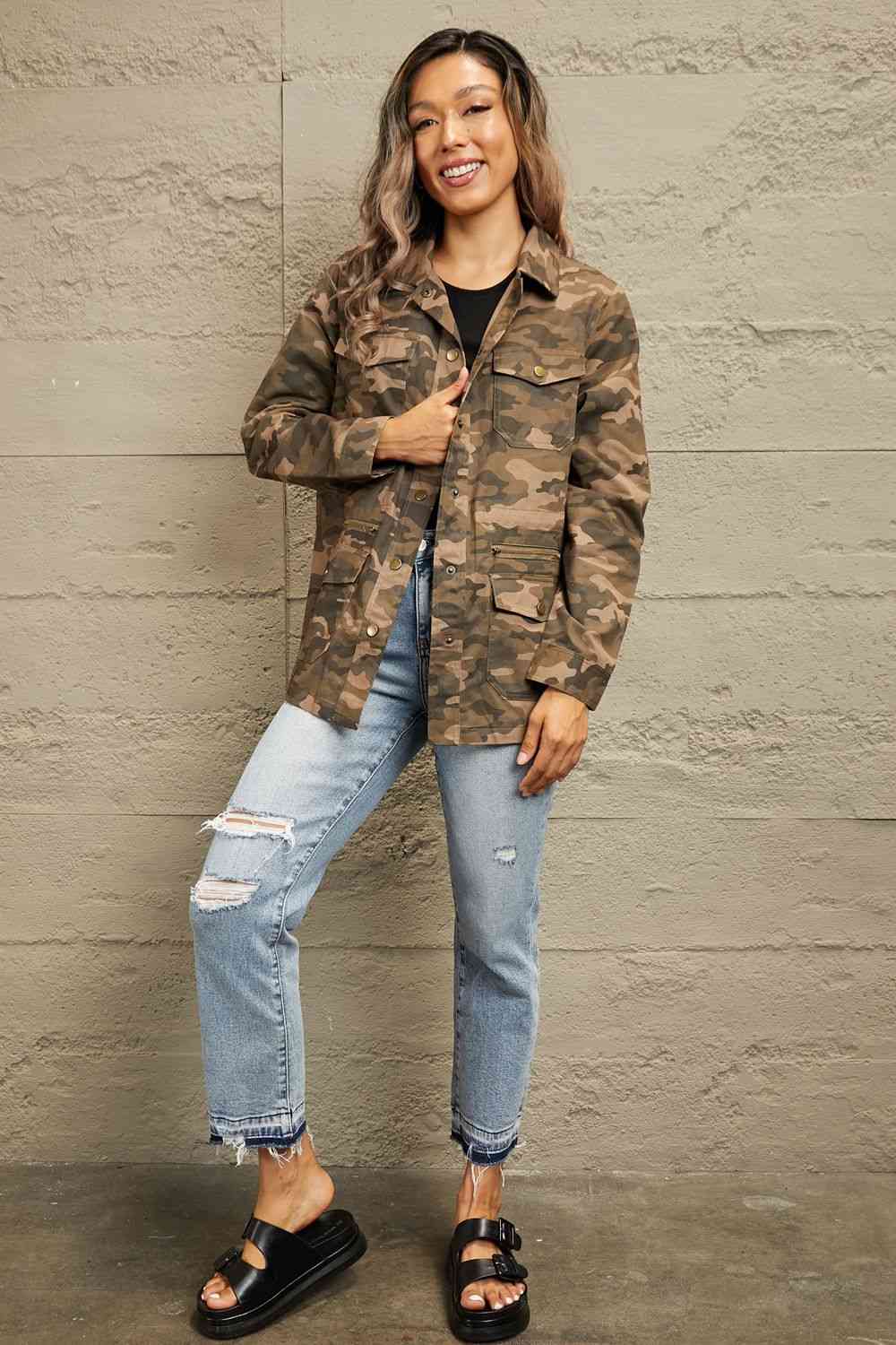 Double Take Camouflage Snap Down Jacket