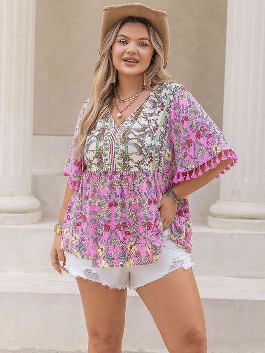 Plus Size Printed V-Neck Half Sleeve Blouse