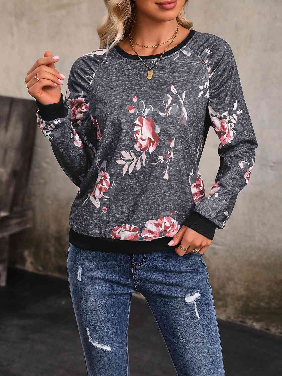 Floral Round Neck Raglan Sleeve Sweatshirt