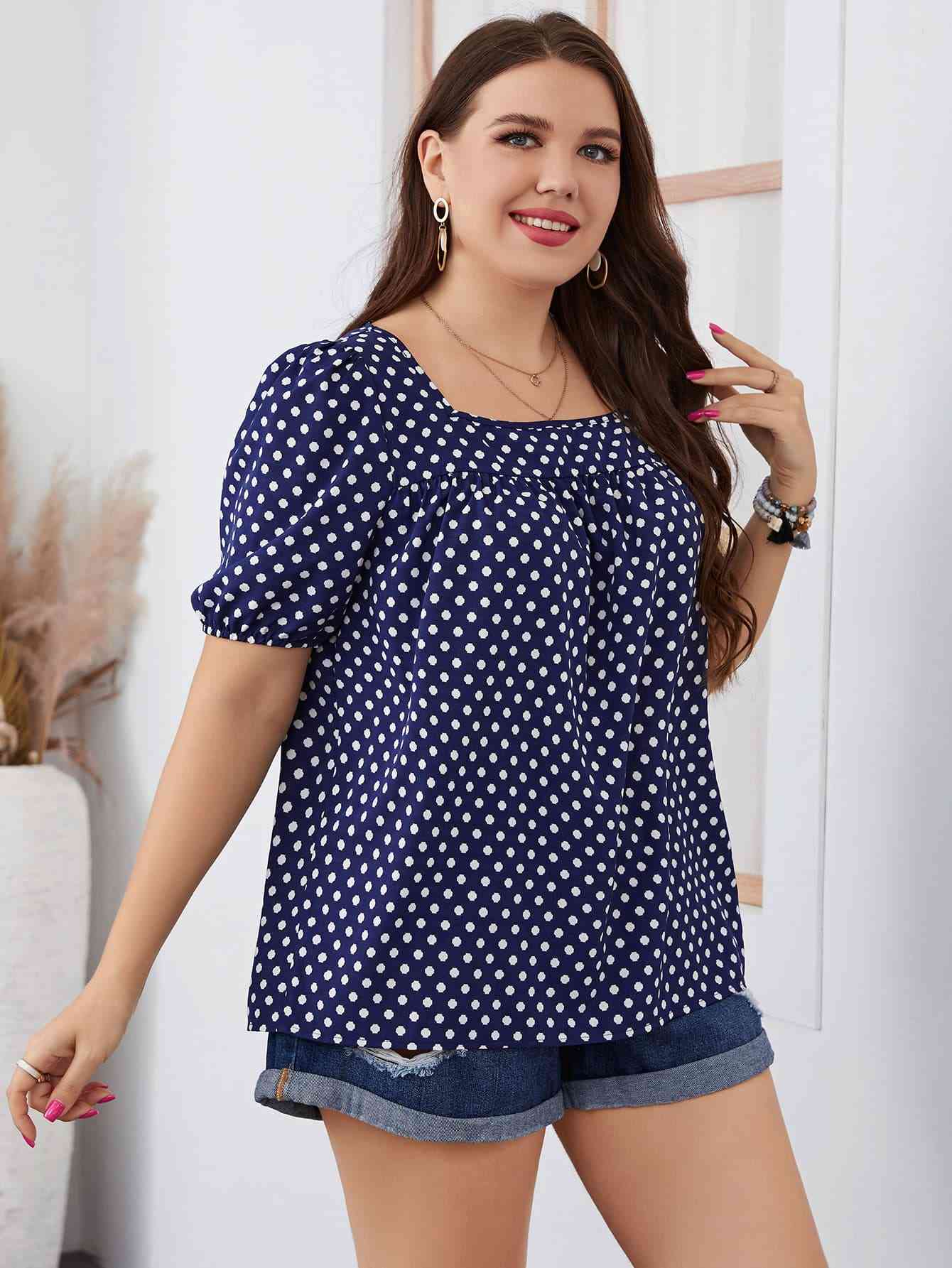 Plus Size Polka Dot Square Neck Blouse