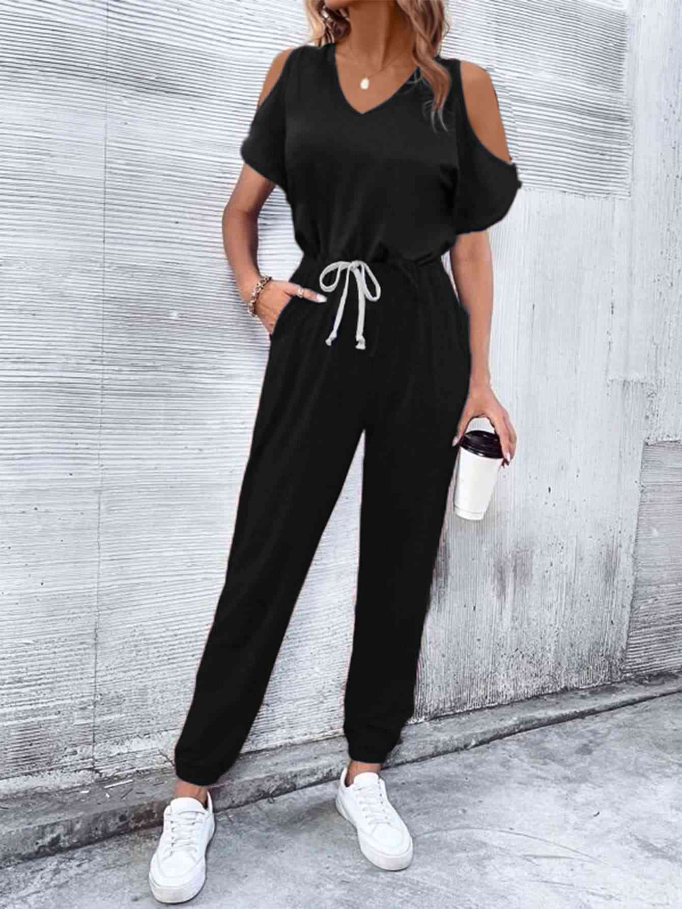 V-Neck Cold-Shoulder Jumpsuit with Pockets